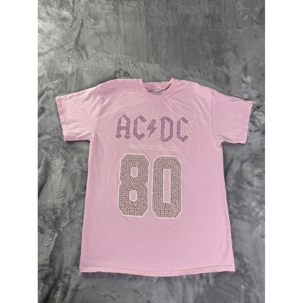 Ac/dc Back In Black 80 Music 80 Rhinestone T-Shirt Womens S Pink Crew Neck y2k